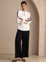 [Blanc] SilkSilky-FR Long Sleeve Keyhole Neck Blouse 007