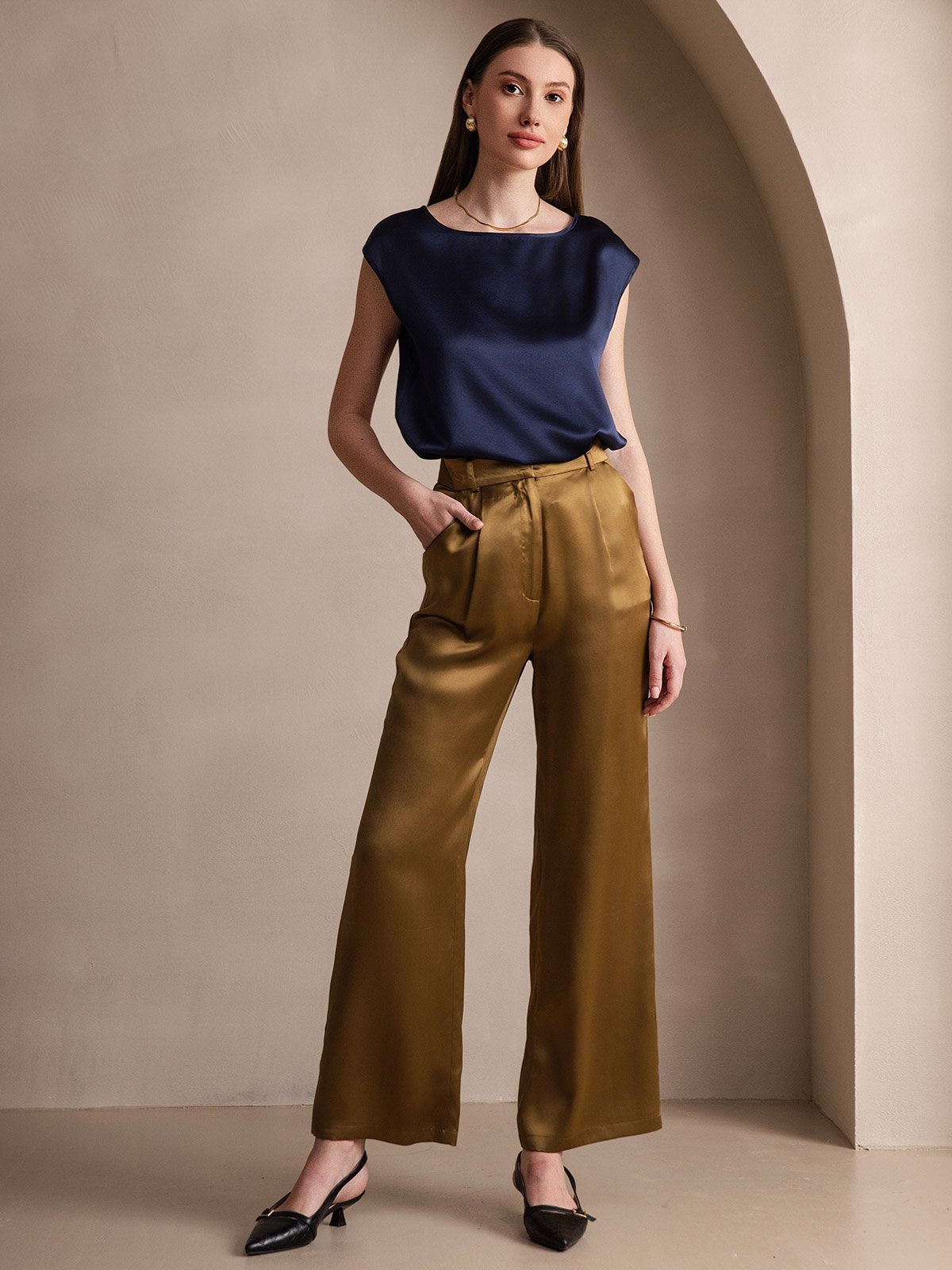 [Bleu Foncé] SilkSilky-FR 19Momme Soie Col Rond Femme T-Shirt 006