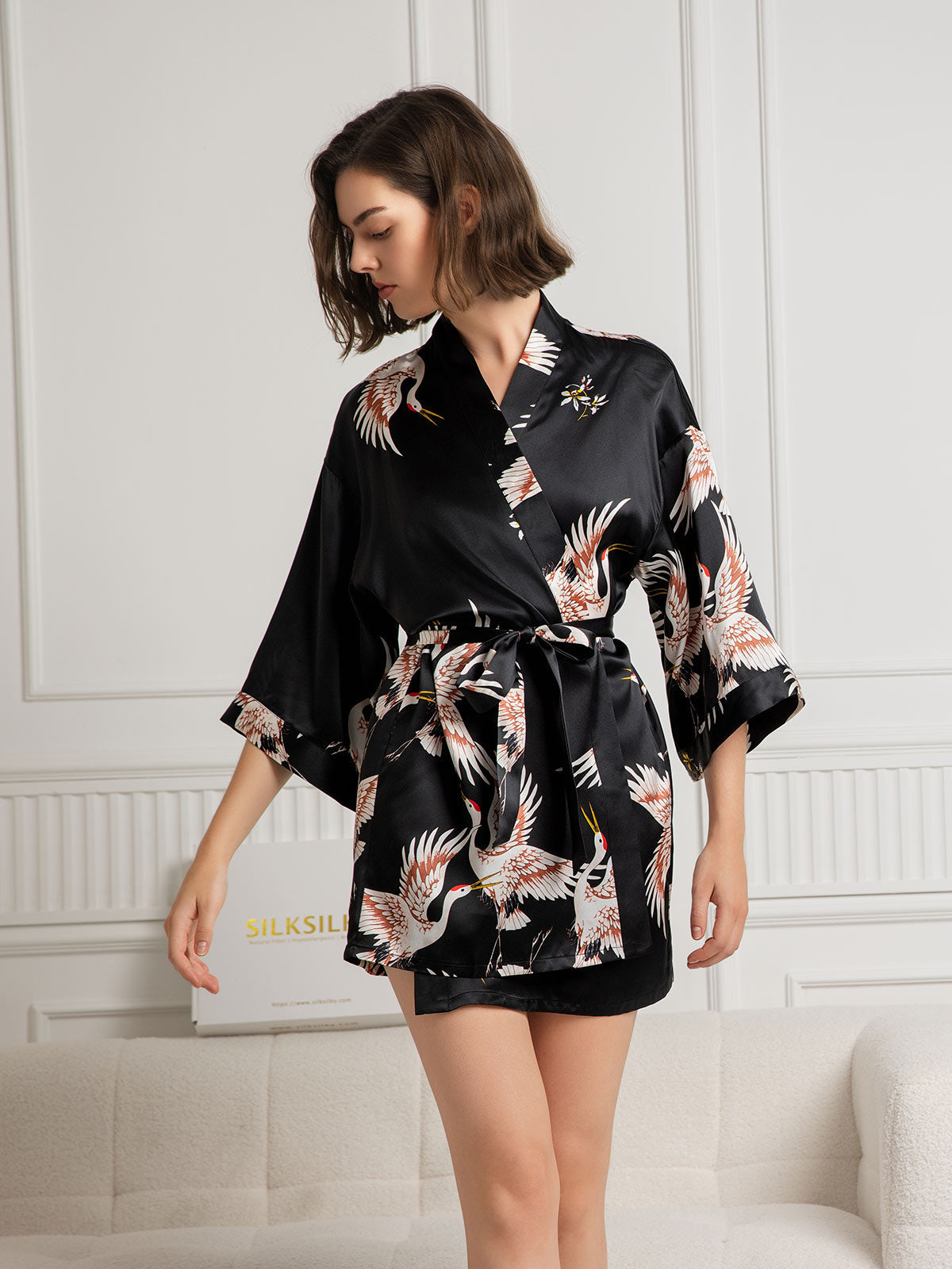 [Noir] SilkSilky-FR Pure Soie Womens Robe 001