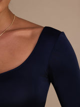 [Bleu Foncé] SilkSilky-FR Long Sleeve Col en U Femme T-Shirt 006
