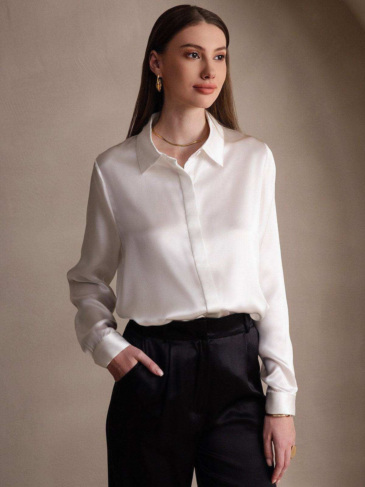 [Blanc] SilkSilky-FR Long Sleeve Lapel Collar Femme Chemise 001