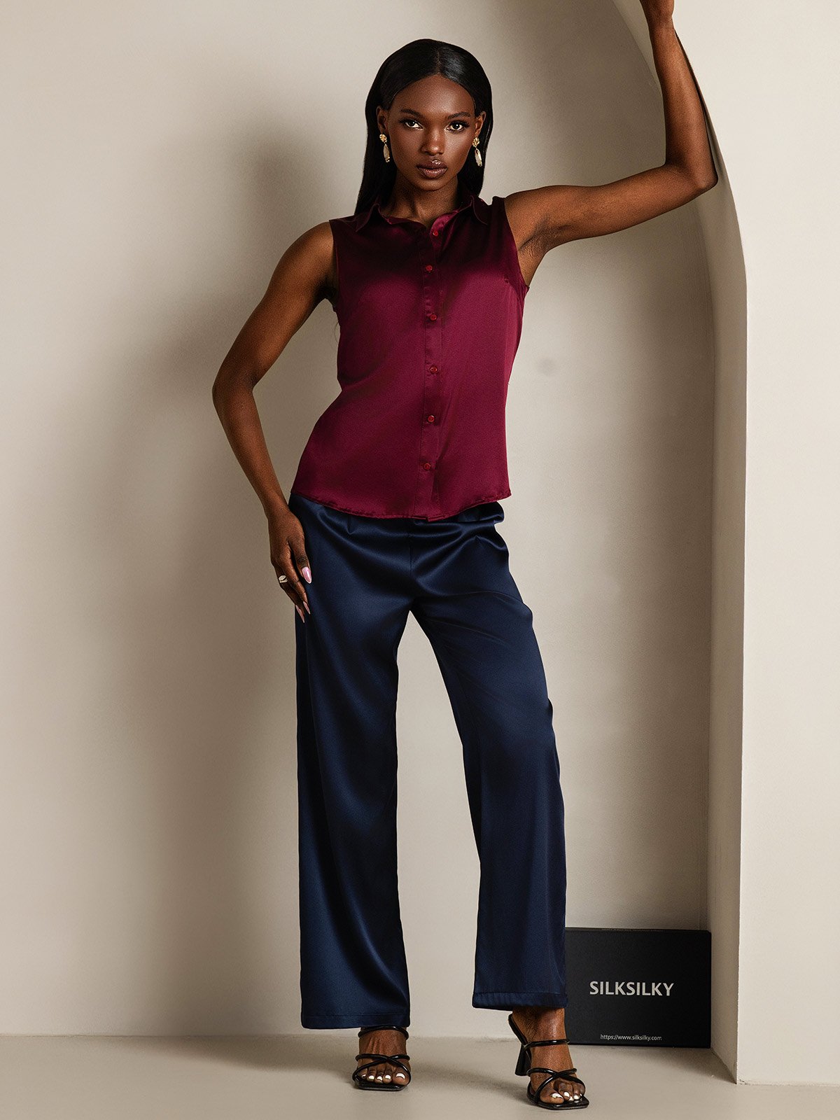 SilkSilky-FR 19Momme Soie Sans manches Col Chemise Femme Chemise RougeFoncé 005