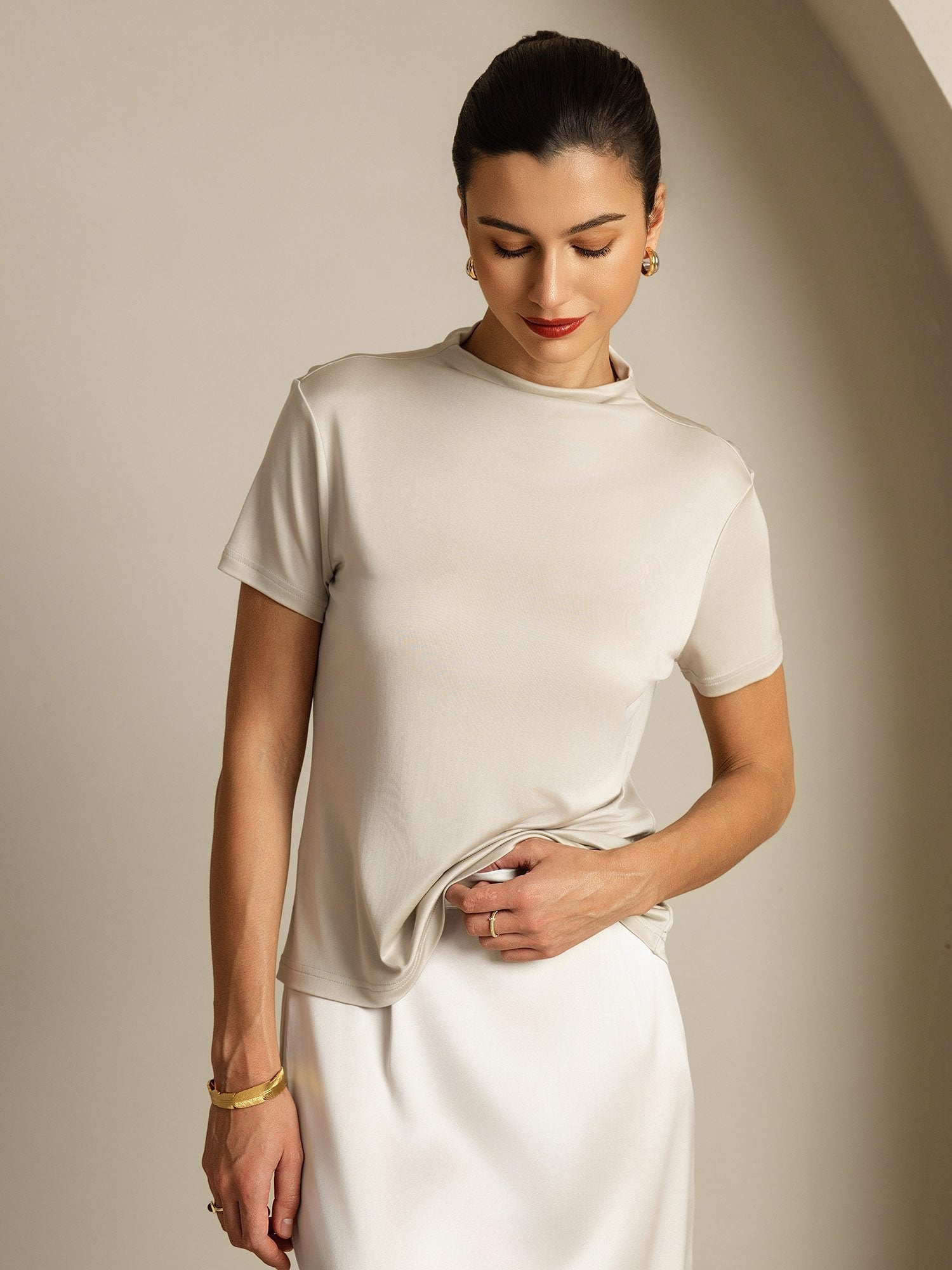 [Gris] SilkSilky-FR Soie Col Chemise Femme T-Shirt 005