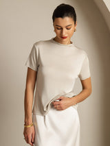 [Gris] SilkSilky-FR 100% Silk Jersey Short Sleeve Mock Neck Femme T-Shirt 005