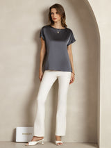 [Gris Foncé] SilkSilky-FR Short Sleeve Boat Neck Femme T-Shirt 003