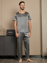 [Gris Foncé] SilkSilky-FR Pure Soie Manches courtes Col Rond Homme Pyjamas 001