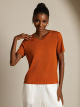 [Orange] SilkSilky-FR Short Sleeve V Neck Femme T-Shirt 008