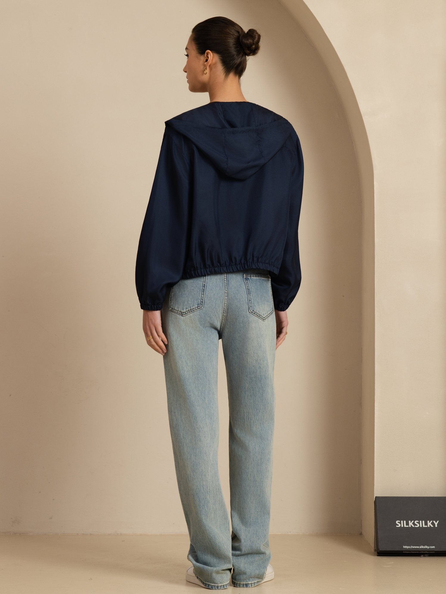 [BleuFoncé] SilkSilky-FR 18Momme Manches longues Col Montant Femme Manteaux 002