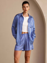 [Rayures Fines Bleues] SilkSilky-FR Long Sleeve Lapel Collar Women's Outfit Sets 001