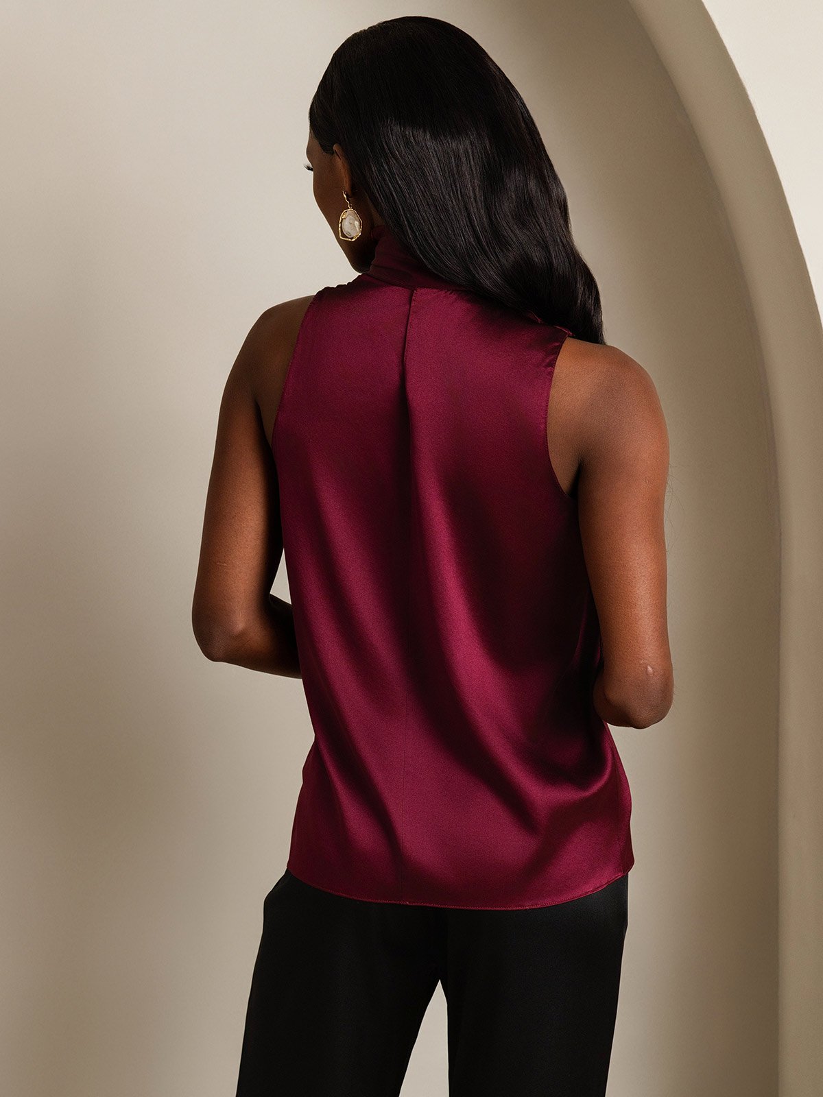 SilkSilky-FR 19Momme Soie Nœud à l'encolure Femme Chemise RougeFoncé 002