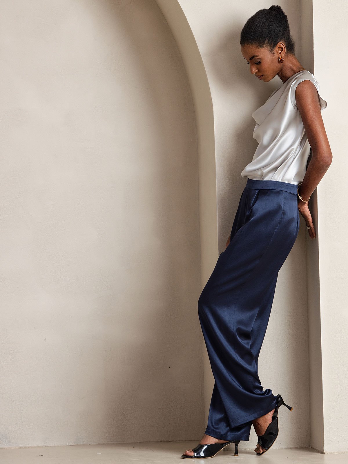 [Bleu Foncé] SilkSilky-FR 19Momme Soie Womens Pants 007