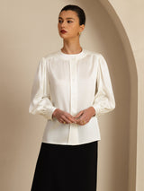 [Blanc] SilkSilky-FR 19Momme Long Sleeve Round Neck Blouse 001