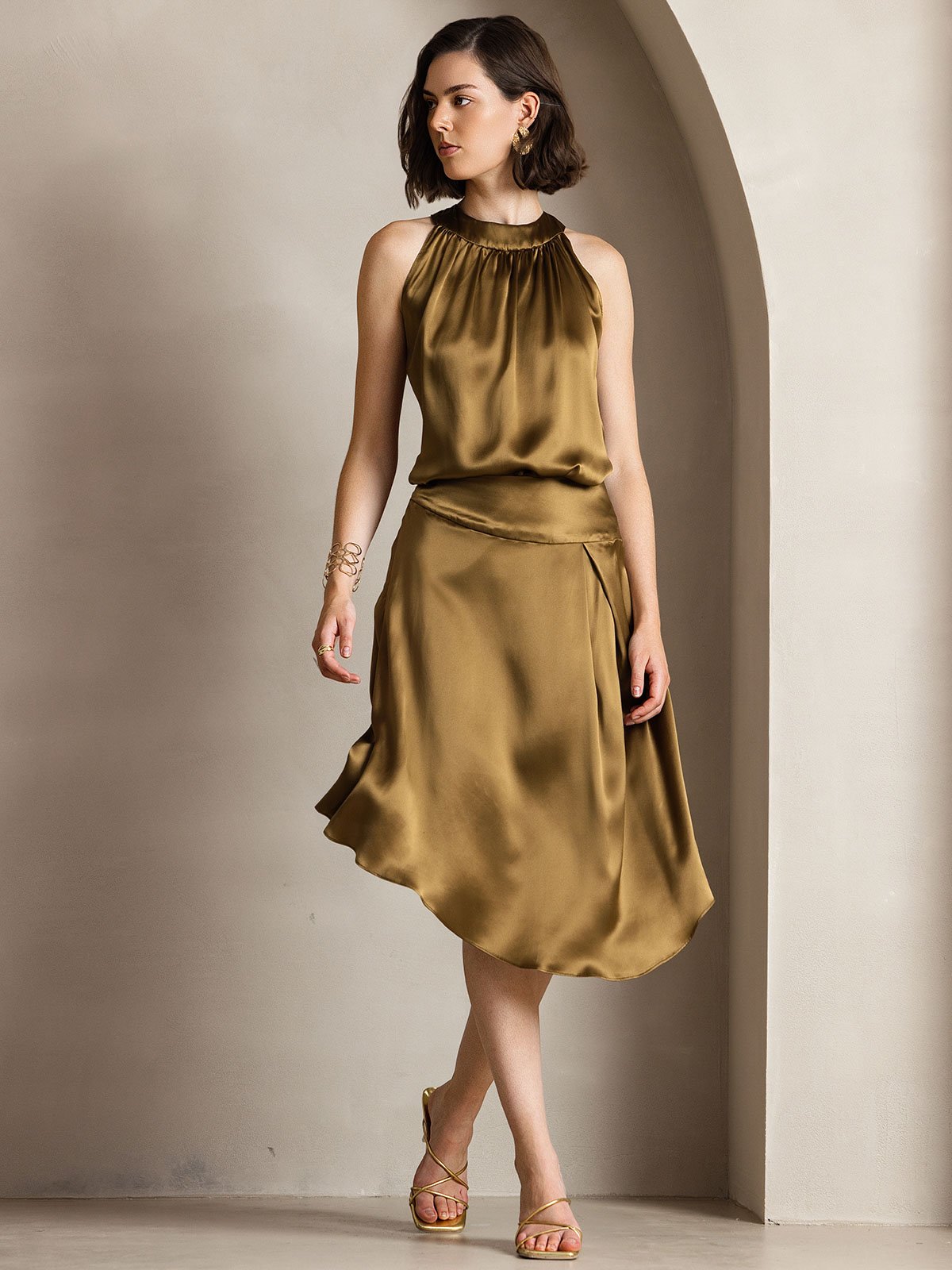 [Brun] SilkSilky-FR 19Momme Soie Sans manches Womens T-Shirt 006