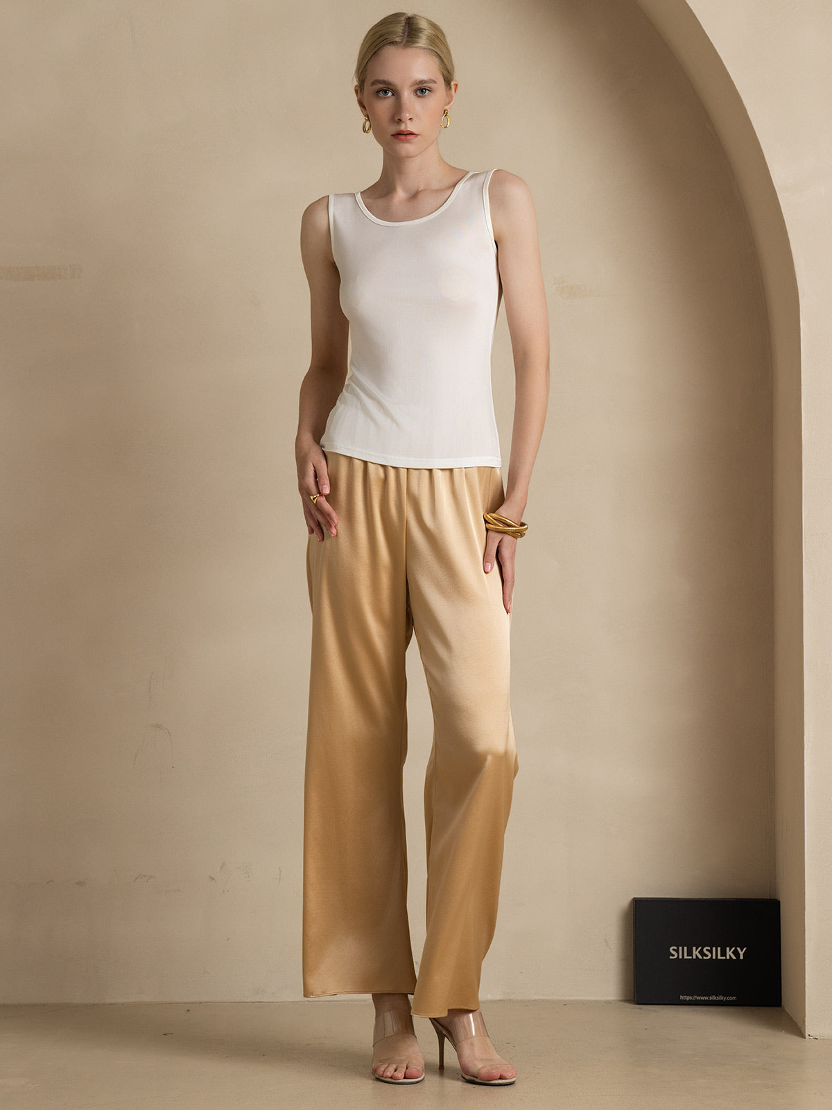 [Blanc] SilkSilky-FR Soie Tricotée Col Rond Femme T-Shirt 006
