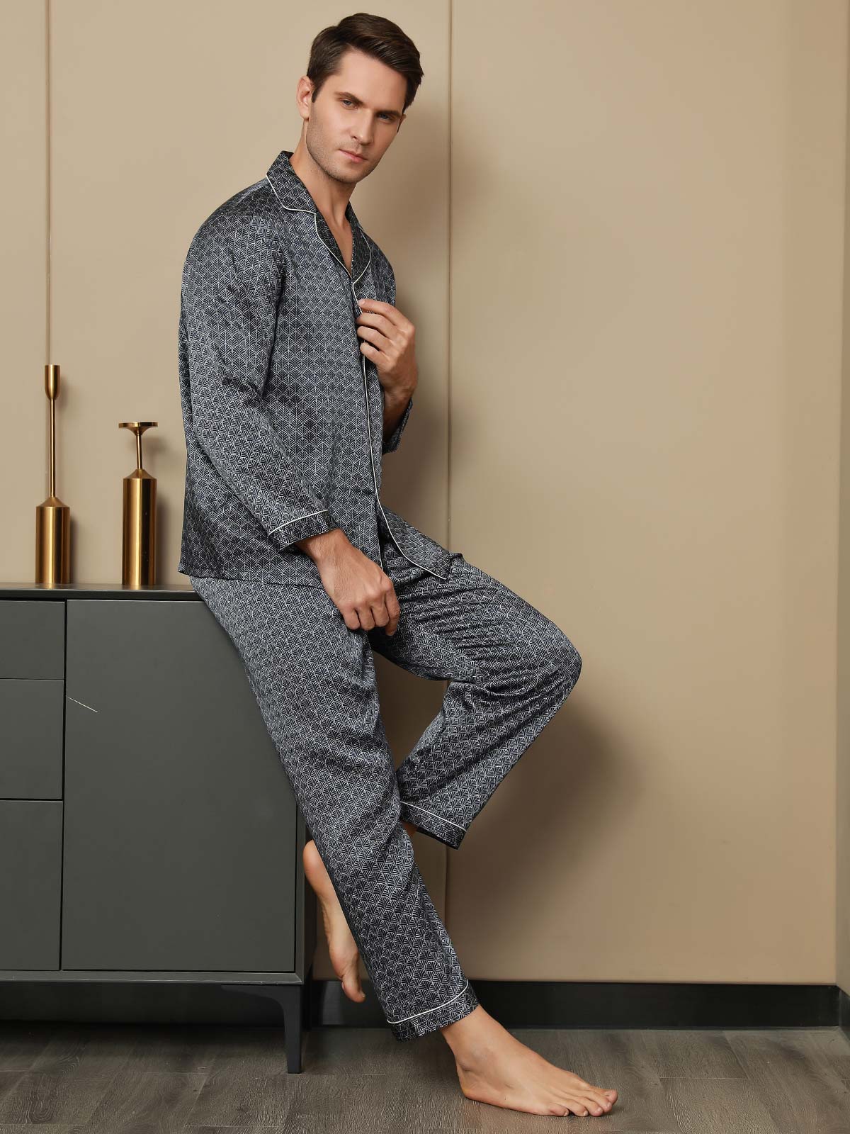 [Ginkgo Marine] SilkSilky-FR 19Momme Manches longues Homme Pyjamas 005