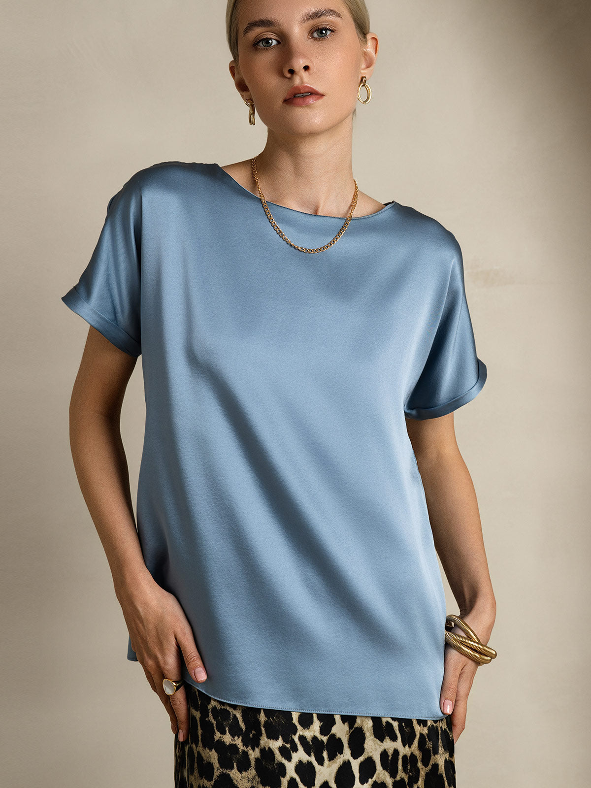 [Bleu Grisâtre] SilkSilky-FR 19Momme Soie Col Rond Femme T-Shirt 005