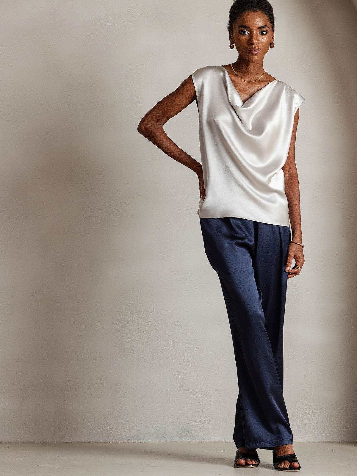 [Gris Clair] SilkSilky-FR 19Momme Soie Col Bénitier Femme T-Shirt 003