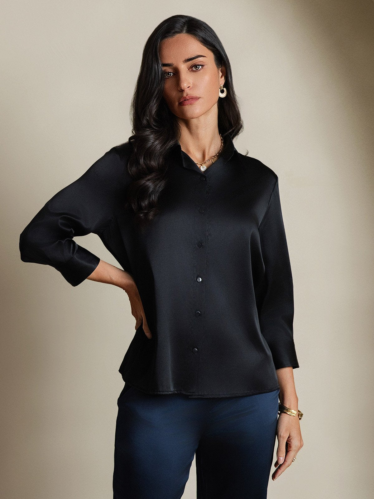 SilkSilky-FR 19Momme Soie Manches longues Revers Femme Chemise Noir 004