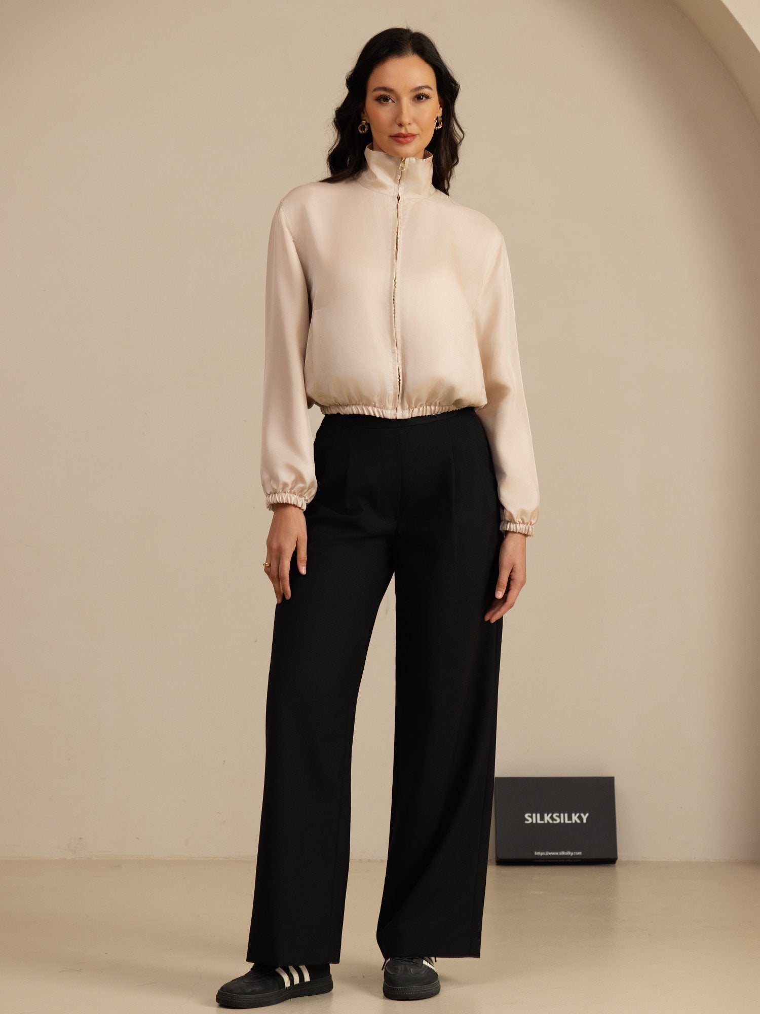 [Tan+Rose] SilkSilky-FR 18Momme Manches longues Col Montant Femme Manteaux 007