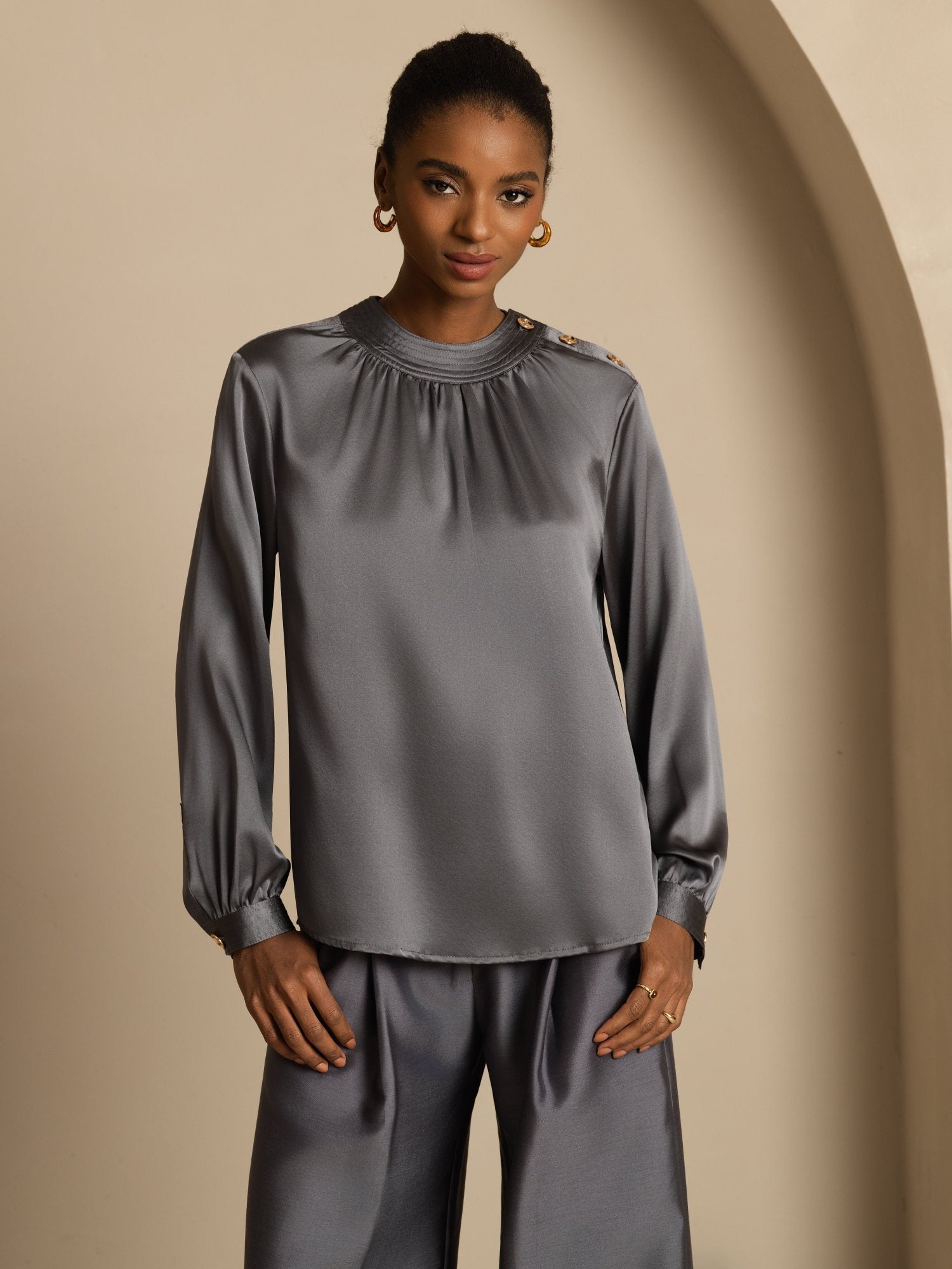 [GrisFoncé] SilkSilky-FR 19Momme Soie Manches longues Col Rond Blouse 001