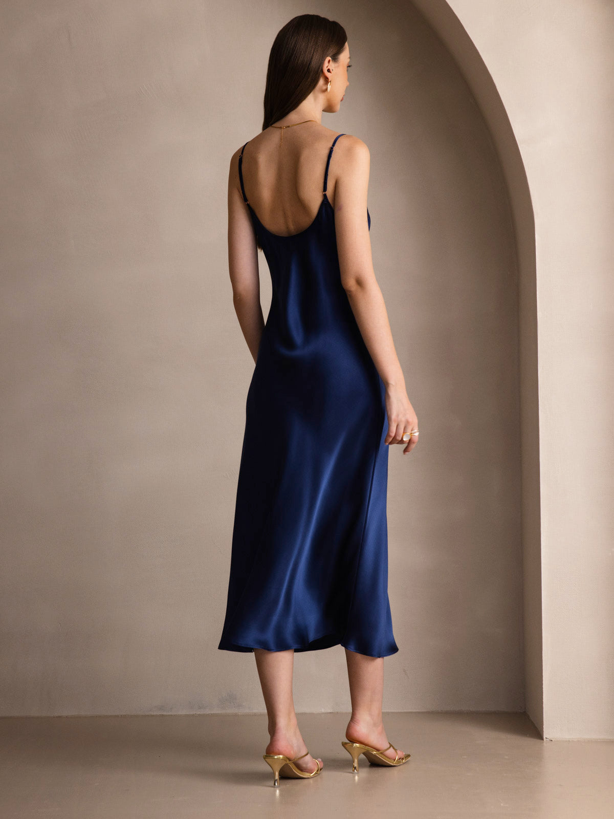 [Bleu Foncé] SilkSilky-FR Pure Soie Col Rond Robes 002