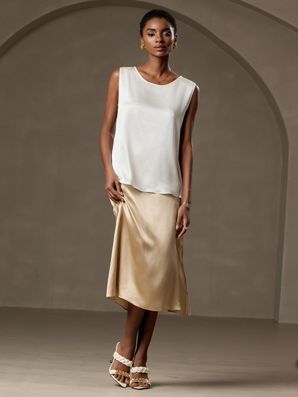 [Blanc] SilkSilky-FR 19Momme Soie Col Rond Top À Fines Brides 005