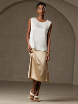 [Blanc] SilkSilky-FR Sleeveless Round Neck Top À Fines Brides 005
