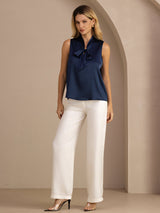 [Bleu Foncé] SilkSilky-FR Sleeveless Tie Neck Top À Fines Brides 008