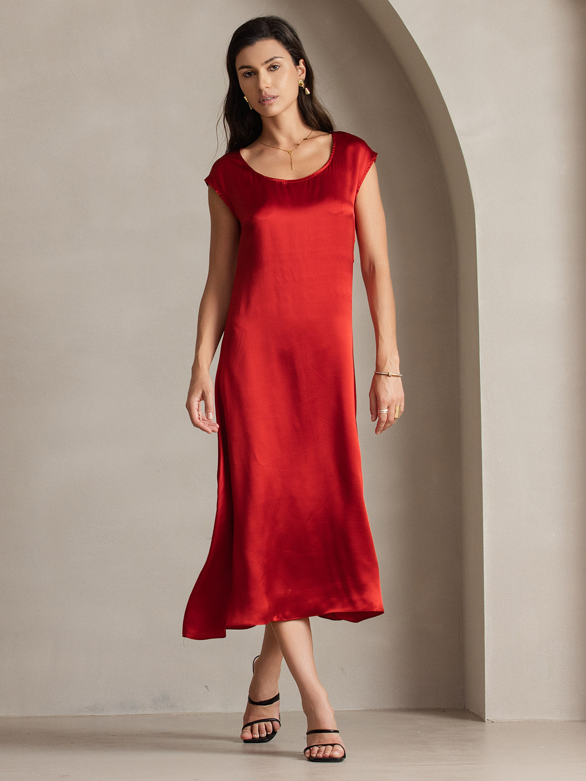 [Rouge Vineux] SilkSilky-FR 19Momme Soie Col Rond Robes 004