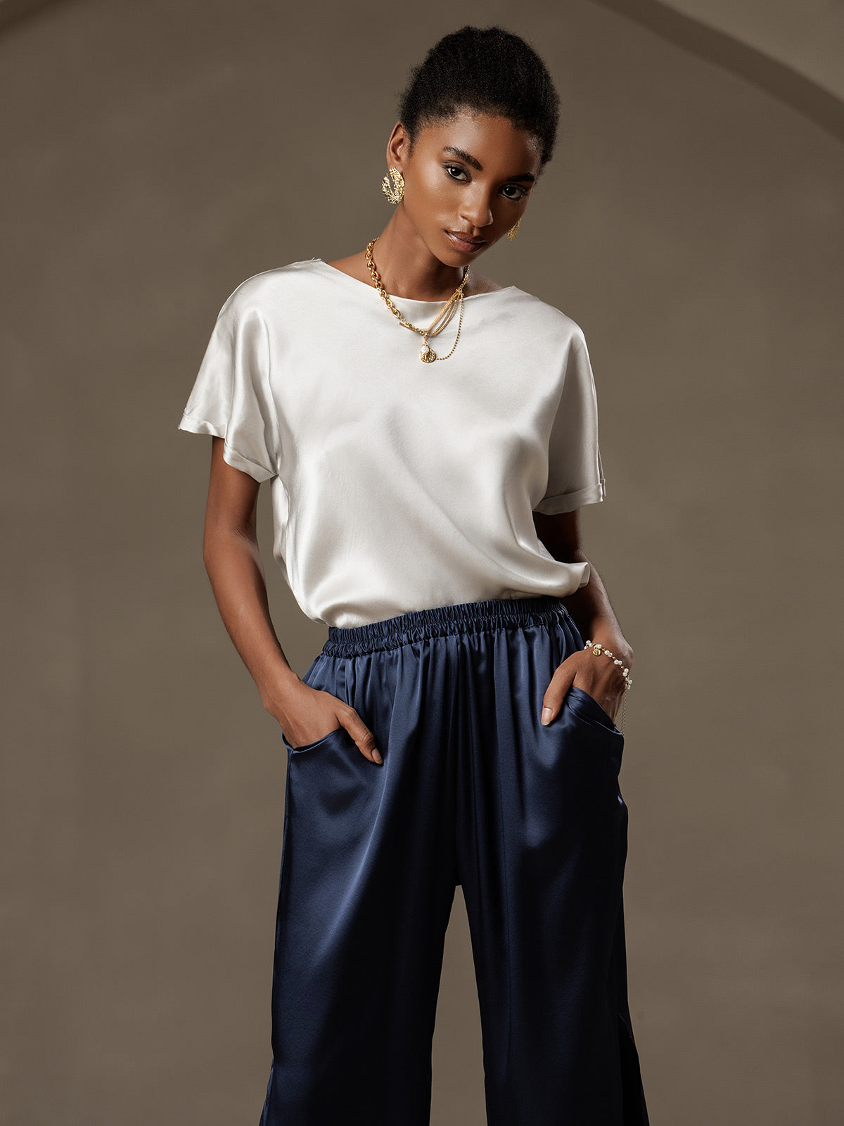 [Gris Clair] SilkSilky-FR 19Momme Soie Col Rond Femme T-Shirt 003