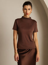 [Café] SilkSilky-FR 100% Silk Jersey Short Sleeve Mock Neck Femme T-Shirt 003