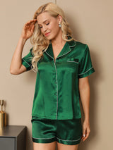 [Vert] SilkSilky-FR Manches courtes Col Cranté Femme Pyjamas 004