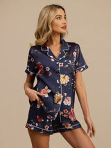 [Floral Marine] SilkSilky-FR Manches courtes Col Cranté Femme Pyjamas 001