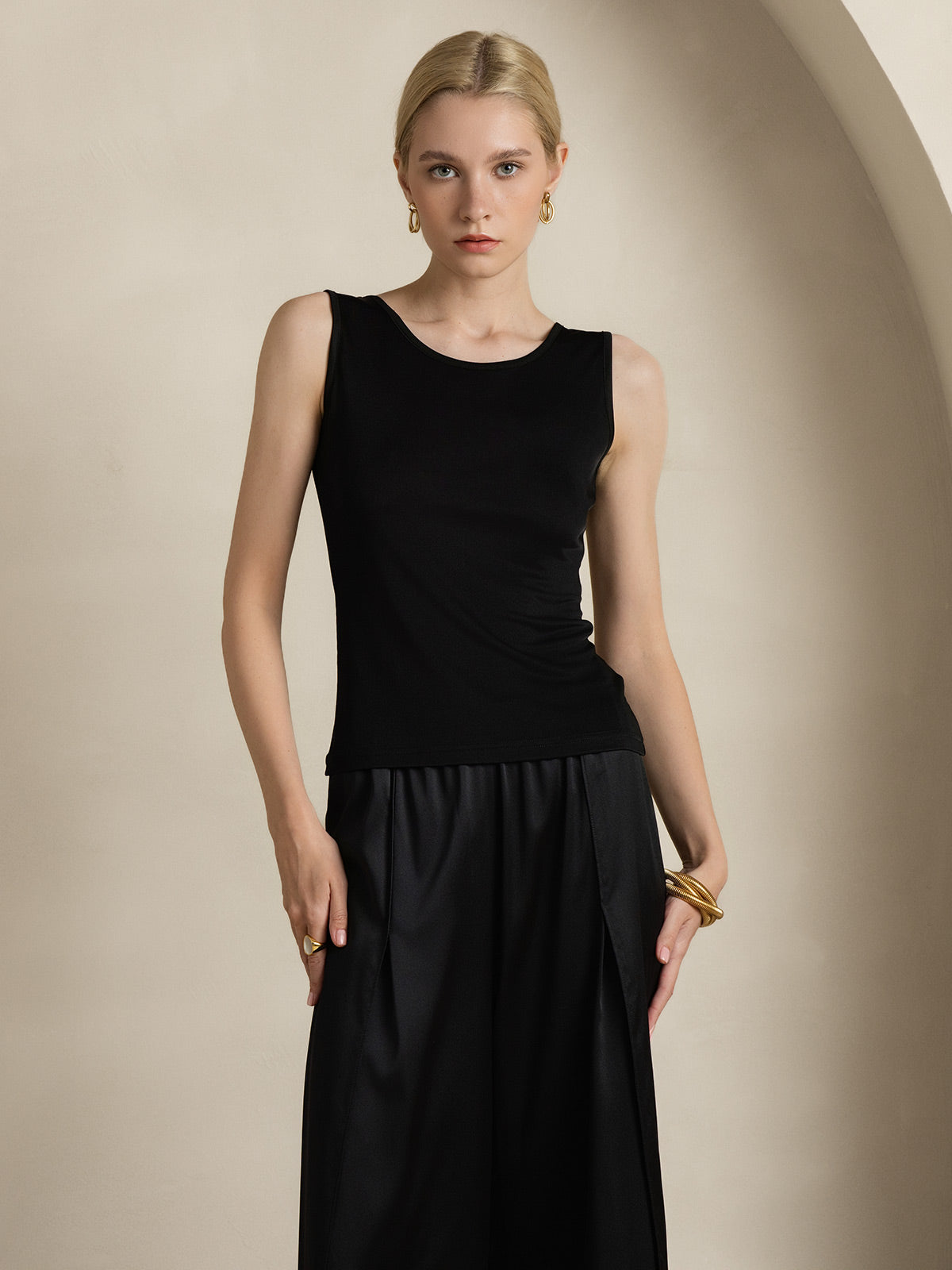 [Noir] SilkSilky-FR Soie Tricotée Col Rond Femme T-Shirt 001
