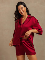 [Rouge Vineux] SilkSilky-FR 19Momme Manches mi-longues Col Cranté Femme Pyjamas 007