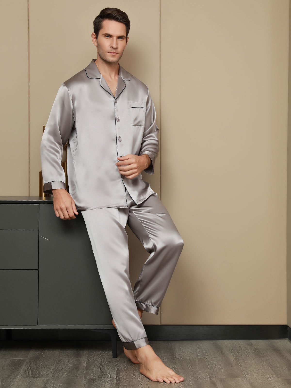 SilkSilky FR Pure Soie Manches longues Revers Homme Pyjamas Gris 006