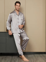 [Gris] SilkSilky-FR Pure Soie Manches longues Revers Homme Pyjamas 006