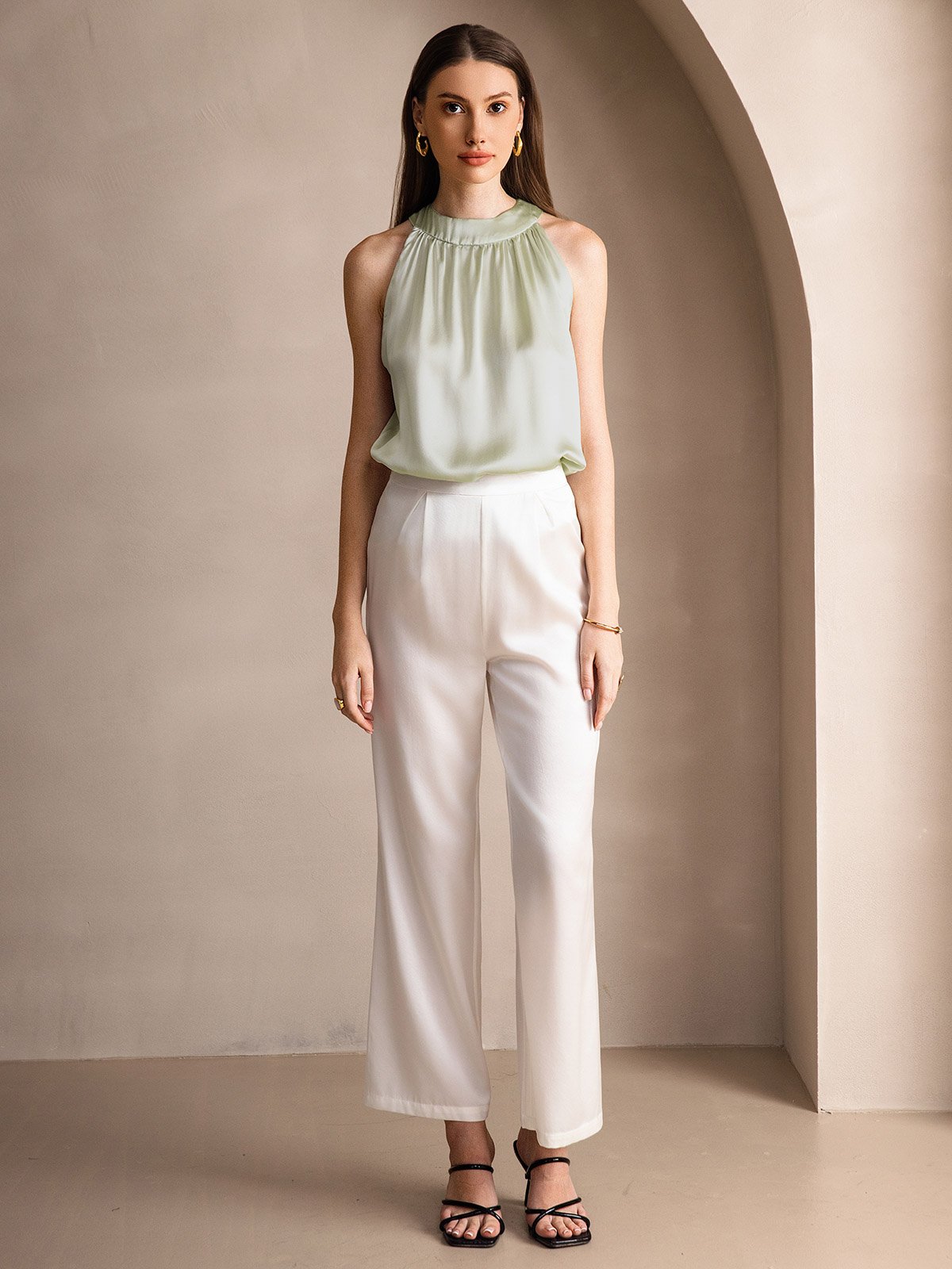 [Vert Clair] SilkSilky-FR 19Momme Soie Sans manches Womens T-Shirt 006