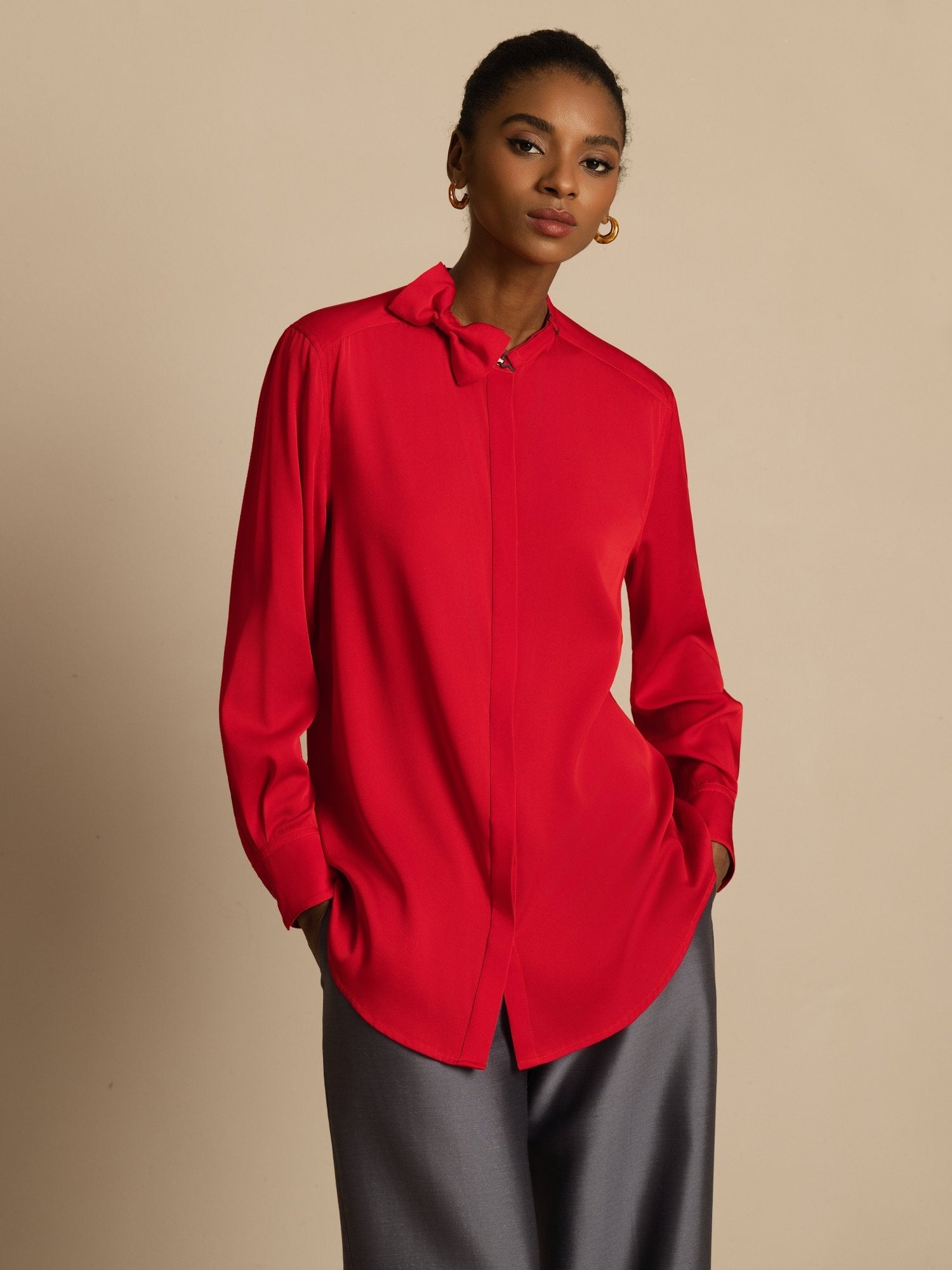 [RougeVineux] SilkSilky-FR 19Momme Soie Manches longues Col Montant Blouse 001