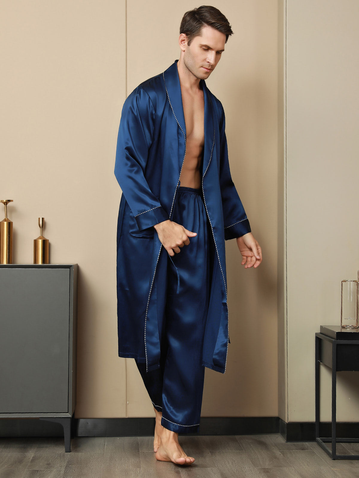 SilkSilky FR Pure Soie Manches longues Revers Homme Peignoir BleuFoncé 009