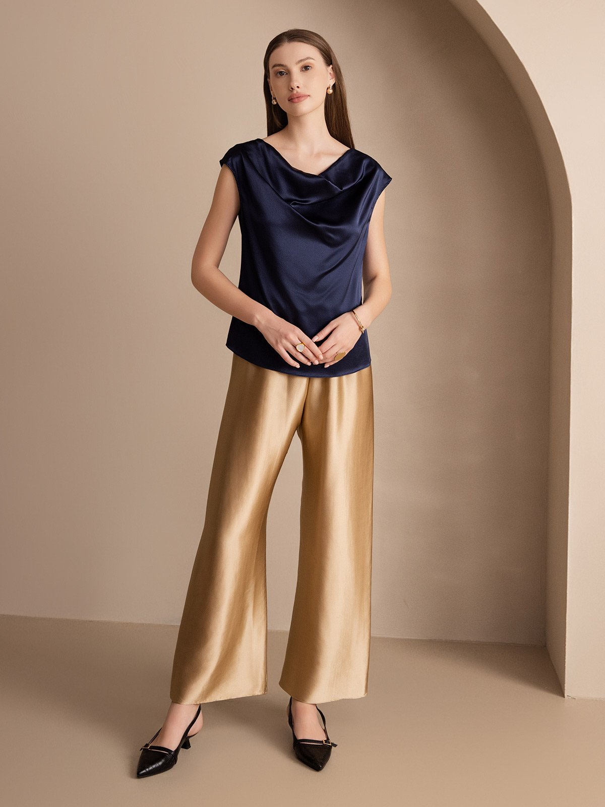 [Bleu Foncé] SilkSilky-FR 19Momme Soie Sans manches Col Bénitier Femme T-Shirt 005