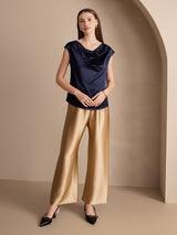 [Bleu Foncé] SilkSilky-FR Cap Sleeve Cowl Neck Femme T-Shirt 005