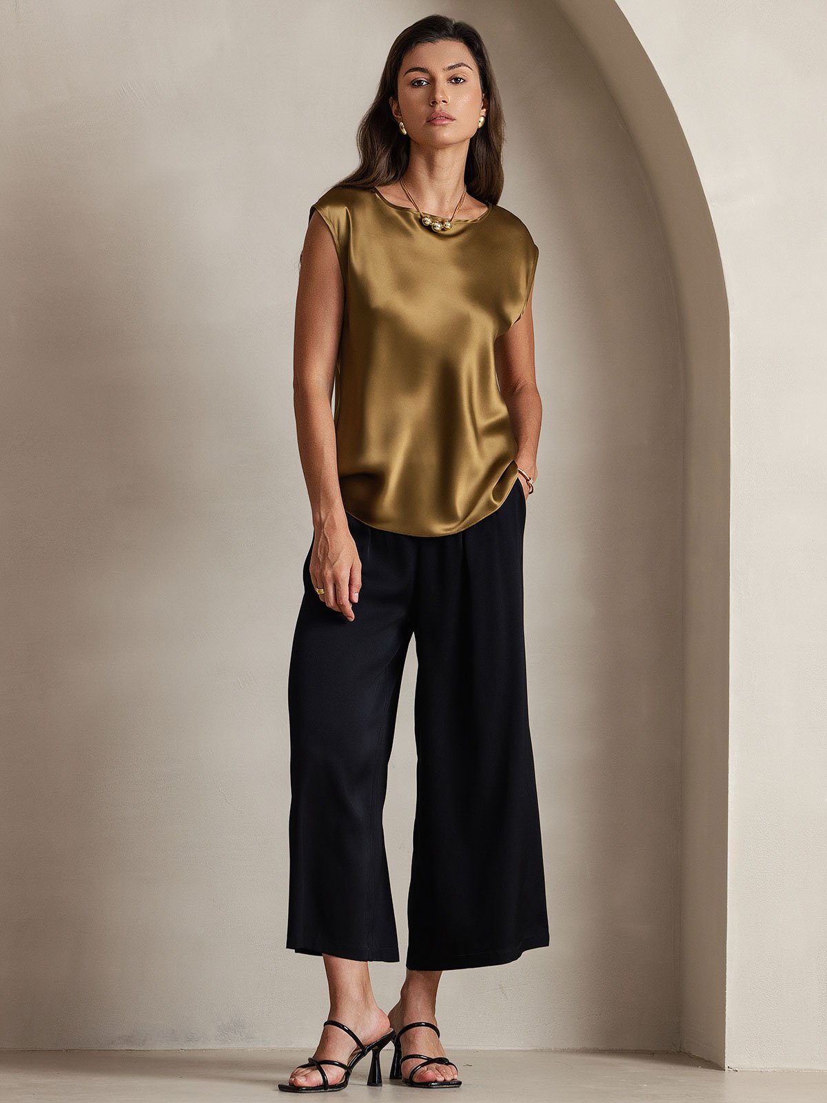 [Brun] SilkSilky-FR 19Momme Soie Col Rond Femme T-Shirt 004