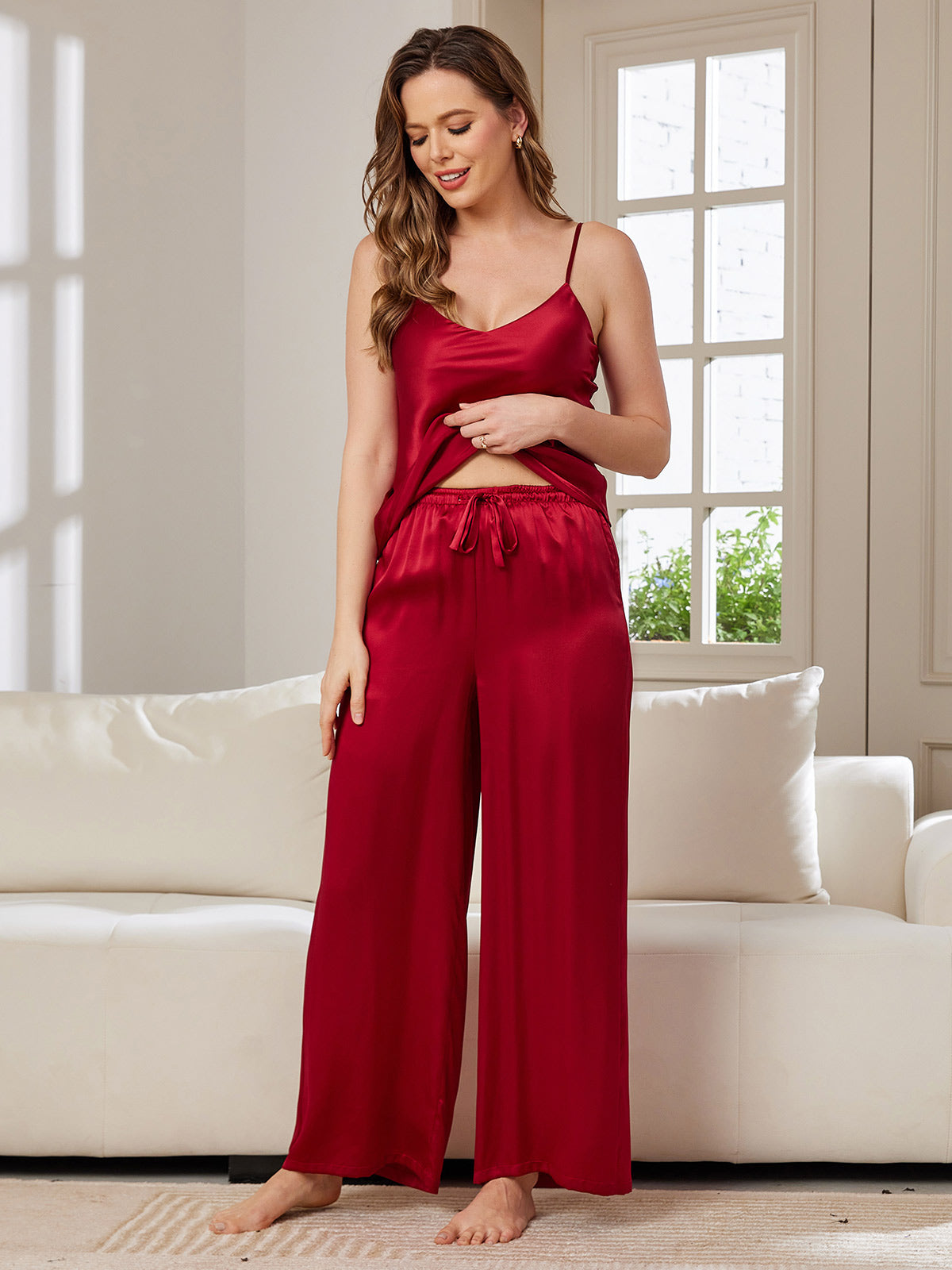 [Rouge Vineux] SilkSilky-FR Pure Soie Col en V Ensemble Camisole 005