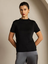 [Noir] SilkSilky-FR 100% Silk Jersey Short Sleeve Mock Neck Femme T-Shirt 005