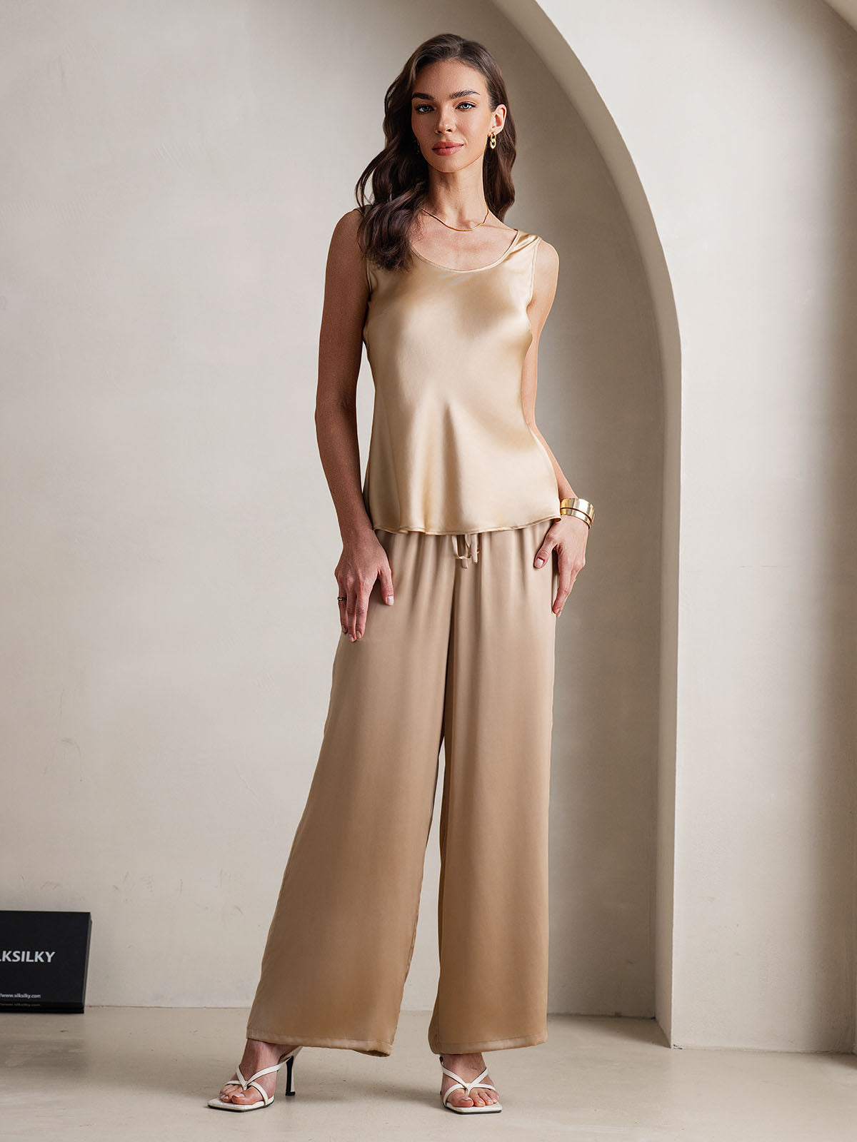 [Champagne] SilkSilky-FR Pure Soie Col Bateau Ensemble Camisole 004