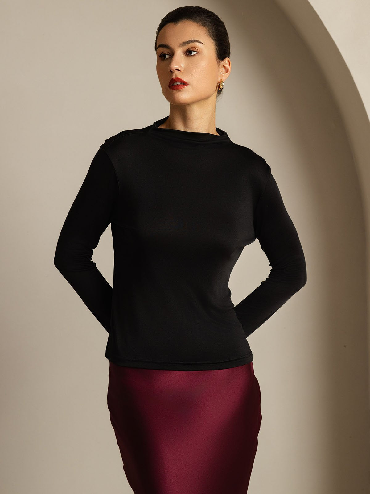 [Noir] SilkSilky-FR Soie Col Haut Femme T-Shirt 008