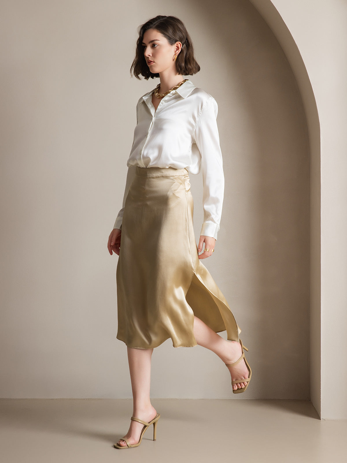 [Champagne] SilkSilky-FR 19Momme Soie Skirt 004