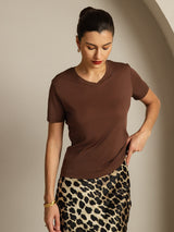 [Café] SilkSilky-FR Short Sleeve V Neck Femme T-Shirt 003