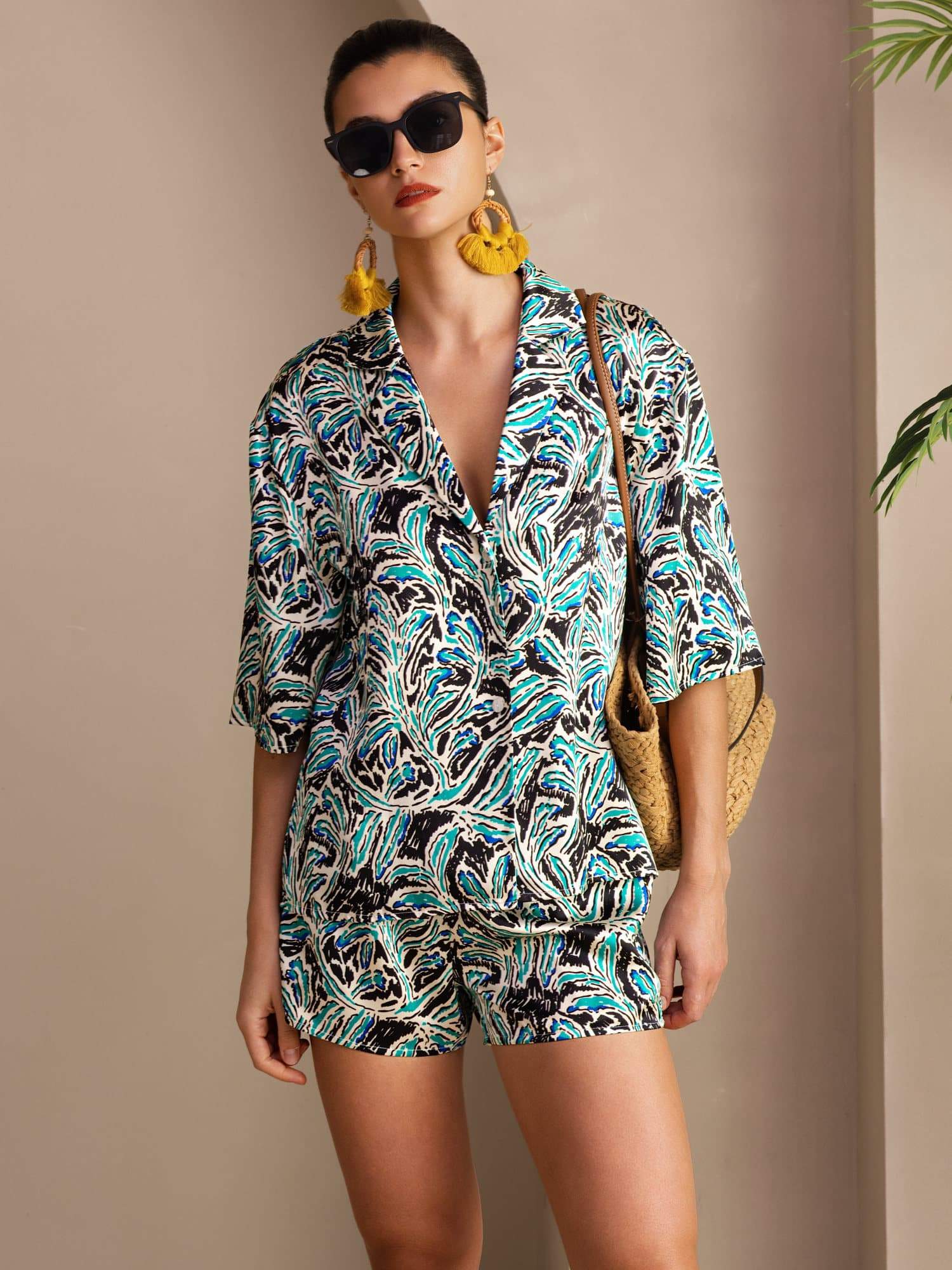 [Botanique Sarcelle] SilkSilky-FR Short Sleeve Notch Collar Femme Pyjamas 001